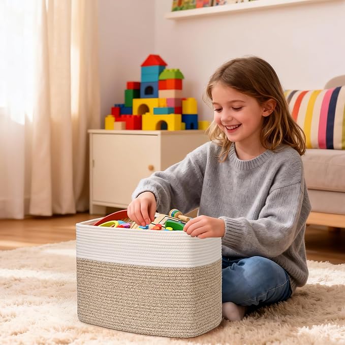3 Pack Cube Storage Bin, 17”x12”x12” Cotton Rope Woven Baskets for Organizing Toys Clothes Towels, Square Gift Storage Baskets for Shelves, Nursery, Closet, Bathroom, Pantry (White & Jute)