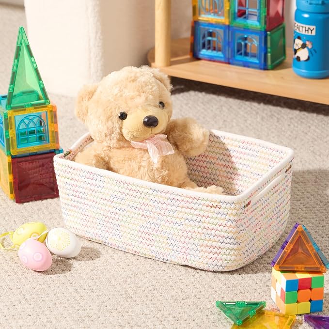MiniArk Small Storage Baskets for Organizing | Closet Organizer Bins | Shelf Toy Basket | Woven Rope Baskets | Cube Decorative Box | Shallow Basket | 13x8.5x5.1” | 4 Packs Rainbow