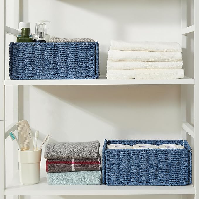 Vagusicc Wicker Storage Basket, Set of 2 Hand-Woven Paper Rope Wicker Basket, Small Storage Baskets for Organizing Toilet Paper, Foldable Large Cube Storage Organizer Bins for Shelves (Blue)