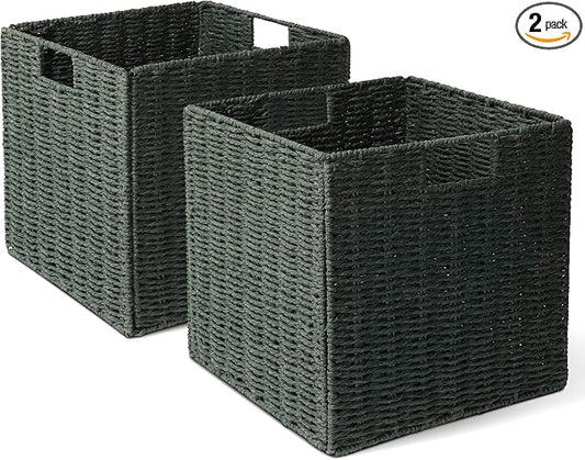Set of 2 Hand-Woven Paper Rope Wicker Baskets, Storage Basket, Foldable Cube Storage Bins, Green Storage Cubes, Square Baskets for Organizing Shelves, 12x12x12in