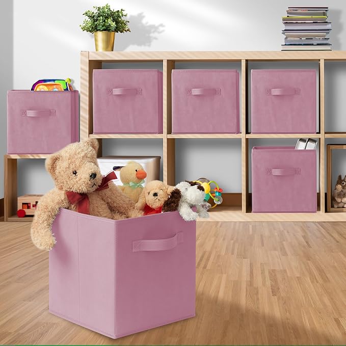 Casafield Set of 6 Collapsible Fabric Cube Storage Bins, Light Pink - 11" Foldable Cloth Baskets for Shelves, Cubby Organizers & More