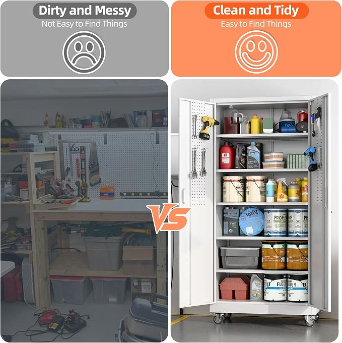Aobabo 71" White Metal Storage Cabinet with Wheels and Pegboard | 16"D x 32"W x 71"H steel cabinet; lockable doors, 5 adjustable shelves, and wheels for garage, office, pantry.