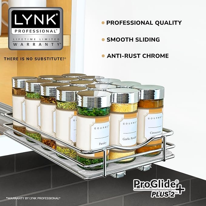 LYNK PROFESSIONAL® Pull Out Spice Organization for Cabinets - 6-3/8 inch Wide – Spice Rack for Inside Cabinets, Slide Out Spice Rack Organizer for cabinet – Pull Out Spice Rack, Sliding 1 Tier Chrome