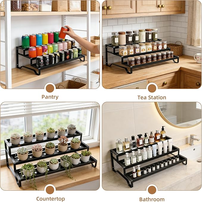 Expandable Spice Rack Organizer for Cabinet 3 Tier Spicy Shelf Black 2Pack | Adjustable Length 13"-21", Easy to See Labels, Sturdy Metal, Slip-Resistant Guardrails for Jars, Cabinet & Countertop Storage