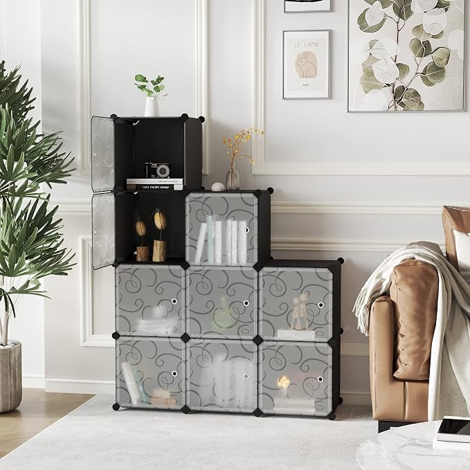 C&AHOME 9-Cube Storage Organizer with Door Cube Shelf Closet Cabinet Black | DIY Plastic Modular Bookshelf, Stackable Clothes Storage Shelving Ideal for Home, Bedroom, 36.6”L x 12.4”W x 36.6”H