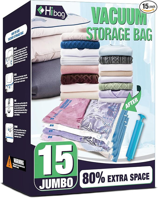 15 Jumbo Vacuum Storage Bags for Bedding, Vacuum Seal Bags for Clothing | Extra Large XL, Airtight Triple Seal, Save 80% Space, Hand Pump, Work with Vacuum, Double Zip, Reusable, Easy to Use