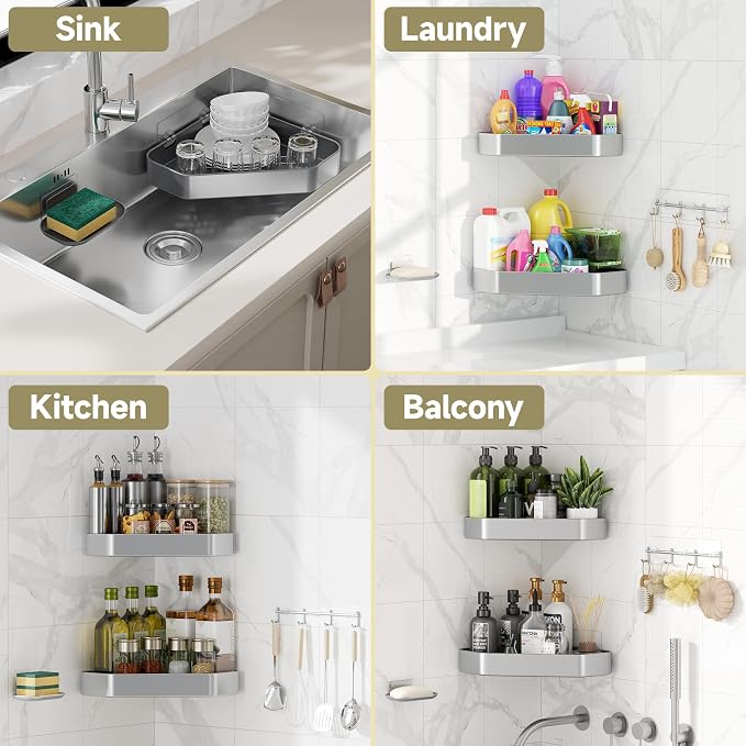 Veken Aluminum Corner Shower Caddy 4-Pack, Never Rust&Large Capacity,Silver | No Drilling Shelves, Rack with Soap Holder&Towel Bar, Super-Strong Adhesive for High Load, Bathroom Organizers and Storage