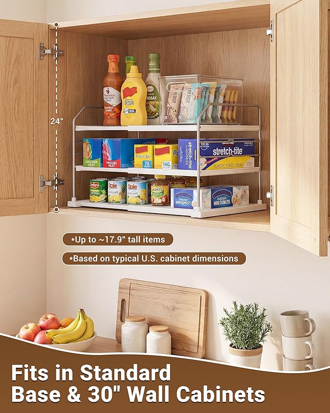 EVERIE Extendable 3-Tier Kitchen Cabinet & Pantry Organizer for Plastic Wrap, Foil & Storage Bags, Adjustable Heavy Duty Shelf Rack for Wrap Boxes, Jars & Snack Boxes (11–16.7 in Wide), Pack of 2