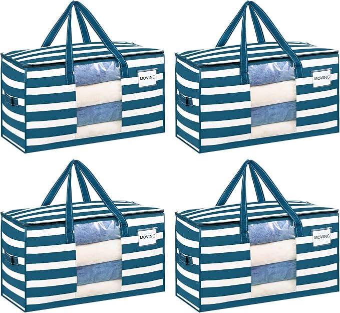 VENO Moving Bags, Wide Open Top, Clear Window, Classic Navy Stripe, 4 Pack | Moving boxes Alternative, Heavy Duty, Storage Bags, Clothes and Comforter Storage, Packing Supplies, College Dorm Essentials