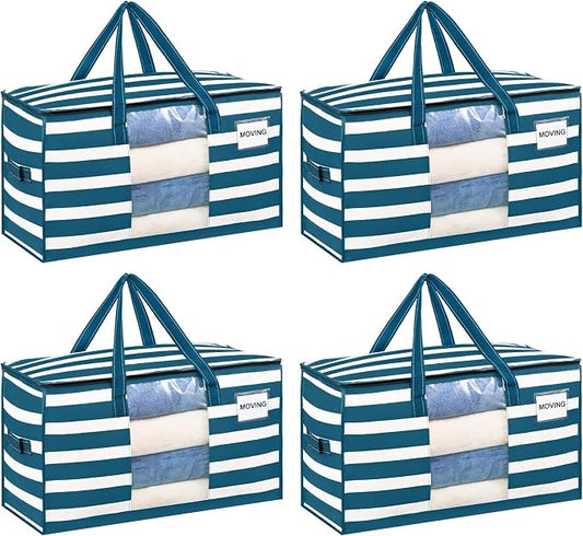 VENO Moving Bags, Wide Open Top, Clear Window, Classic Navy Stripe, 4 Pack | Moving boxes Alternative, Heavy Duty, Storage Bags, Clothes and Comforter Storage, Packing Supplies, College Dorm Essentials