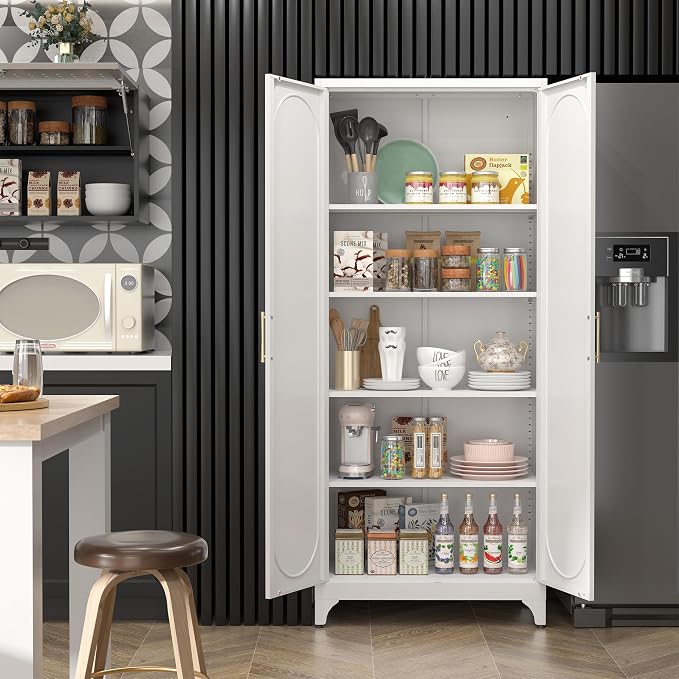 Steeloong 75"Metal Pantry Storage Cabinet with Doors & 4 Adjustable Shelves | Kitchen Pantry Cabinet,White Tall Pantry Cabinet for Kitchen Storage,Storage Cupboard for Living Room,Pantry,Garage,Bathroom