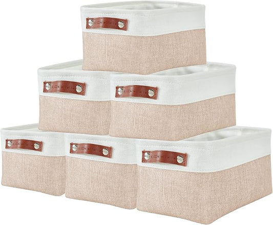 DECOMOMO Small Storage Basket, Closet Storage Bins | 6 Pack Baskets for Organizing Shelves, Decorative Linen Closet Baskets (Beige & White)