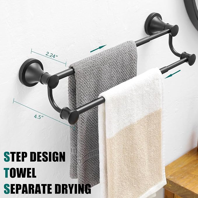 Hoimpro Double Towel Bar Towel Rack for Bathroom Holder Wall Mounted Black | Adjustable 16-26 In,Matte Black Wall Mounted, Stainless Steel, Rustproof, Towel Bar Rod Hanger Hardware Accessories Hotel