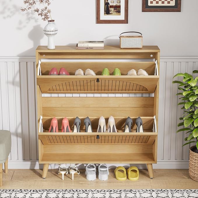 Fsbecl Shoe Storage Cabinet for Entryway with 2 Flip Drawers, Narrow Wood Shoe Cabinet with Fluted Panel, Freestanding Hidden Shoe Organizer for Hallway