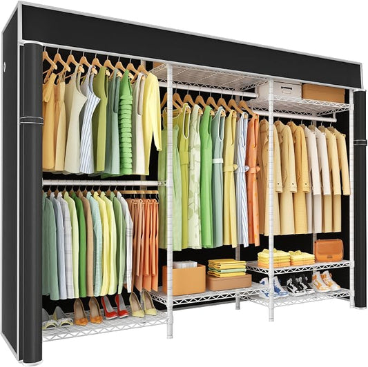 E13C Heavy Duty Closet Organizer System，Freestanding Clothing Racks for Hanging Clothes，Adjustable Garment Rack 63" W x 16" D x 77" H Hold 960 lbs，White Clothing Rack with Black Dustproof Cover