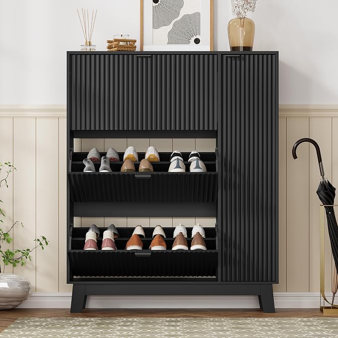 Shoe Cabinet Storage for Entryway with 3 Flip Drawers & Side Cabinet, Fluted Narrow Shoe Organizer with Wooden Leg, Freestanding Shoe Storage Hidden Shoe Rack Organizer for Front Door Entrance, Black