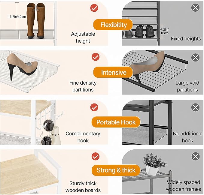 3 Tier Shoe Rack, Shoe Rack for Entryway with Hook, Shoe Organizer with Adjustable Mesh Shelves, Metal Shoe Storage, Closet, Bedroom Living Room Garage