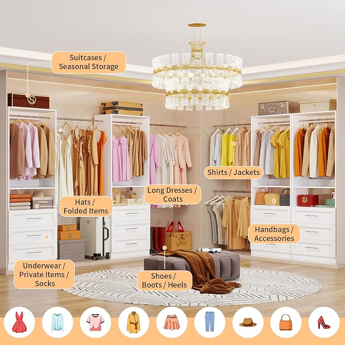 Closet System with 4 Sets, 8FT-21FT Customizable Closet Organizer System with 12 Drawers &4 Shelves & 8 Hanging Rods, Freestanding Closet Storage System, Modular Tower L-Shaped Walk-in Closet, White