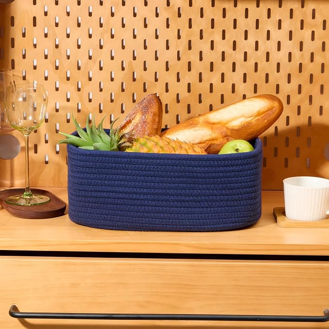 MiniArk Small Storage Baskets for Organizing | Closet Organizer Bins | Shelf Toy Basket | Woven Rope Baskets | Cube Decorative Box | Shallow Basket | 13x8.5x5.1” | 4 Packs Navy Blue