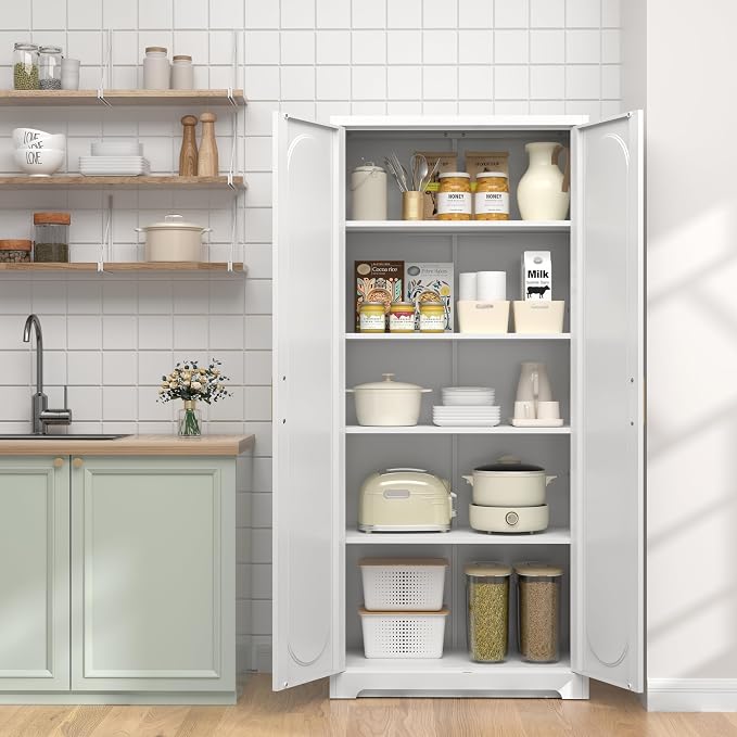 UNICOLY 71" Tall Storage Cabinet, Metal Kitchen Pantry Storage Cabinets | Pantry Cabinet with Doors and 4 Shelves，White Cabinets for Laundry Room, Living Room, Dinning Room, Assembly Required