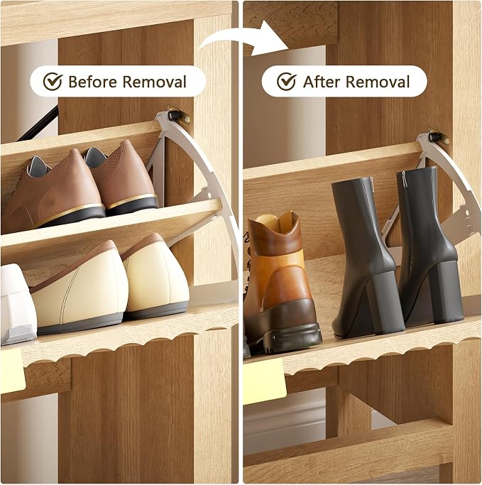 Fluted Shoe Cabinet Storage with 2 Flip Drawers for Entryway, Hallway | Narrow Shoe Rack Freestanding Shoe Organizer with Legs for Entryway，Hallway, Oak