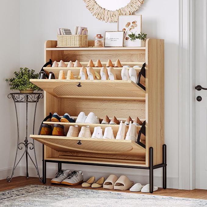 IRONCK Shoe Cabinet Storage with 2 Flip Drawers, Free Standing Wooden Shoe Storage Organizer Cabinet with Rattan Doors for Entryway, Narrow Shoe Rack Cabinet, Oak