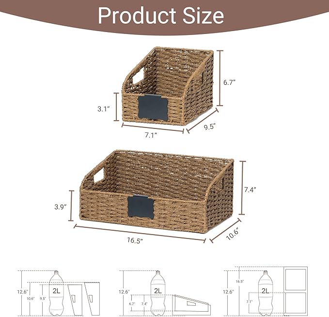 Pantry Organizers, Large Wicker Baskets for Shelves, Labeled Storage Baskets for Organizing with Handles - Paper Storage Bins for Shelves, 3 Pack, Brown