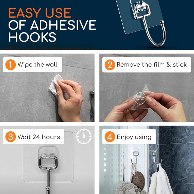 Adhesive Wall Hooks for Hanging, Heavy Duty No Drill, 22 lbs, 6 Psc | GLUIT Adhesive Wall Hooks for Hanging, Transparent Waterproof Sticky Towel Hook for Bathroom Kitchen Home Outdoor