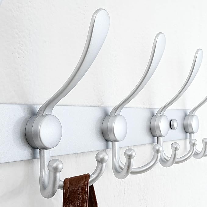 Dseap Coat Rack Wall Mount - 29.5” Long 8-Tri-Hooks Heavy Duty Coat Hanger Rail Wall Hooks for Hanging Coats Hats Clothing Clothes Purse Mudroom Entryway, Silver