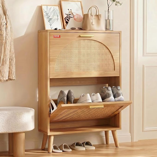 VEVOR Shoe Cabinet with 2 Flip Drawers, Shoe Storage Cabinet for Entryway, Free Standing Shoe Storage Organizer with Rattan Doors for Heels, Boots, Slippers in Hallway, Living Room