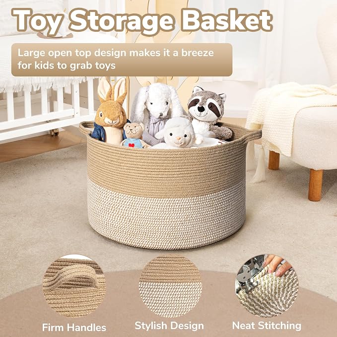 Goodpick Large Wicker Basket for Blankets, Baby Toy Storage Basket, 85L | 21.7 x 21.7 x 13.8 In Baby Storage Basket for Nursery, Blanket Basket for Living Room, Woven Basket for Towels, White & Jute