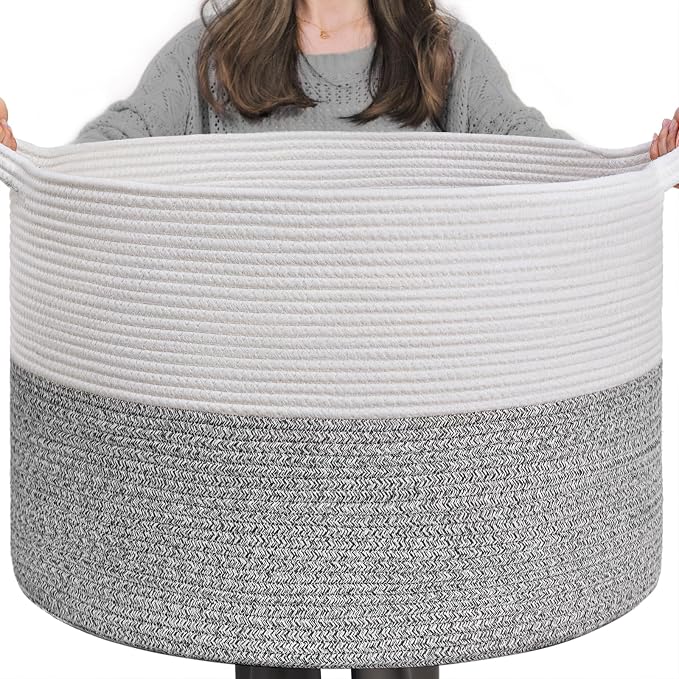 INDRESSME XXXLarge Woven Rope Blanket Basket Living Room Light Grey, 90L | 21.7" x 13.8" Storage baskets for toys laundry & pillows. Fits living room, bedroom or nursery décor. Soft-touch with handles
