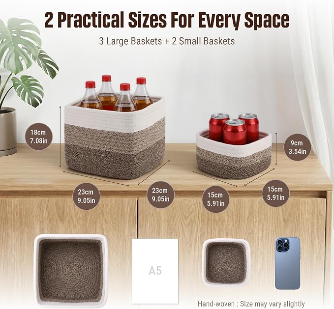 5-Pack Storage Cubes Woven Rope Baskets, 2 Sizes Organizer Bins | Ideal for Closet, Shelf, Bookshelf, Nursery, Changing Table, Cube Storage Bins, Storage Baskets for Bathroom Toy & Home