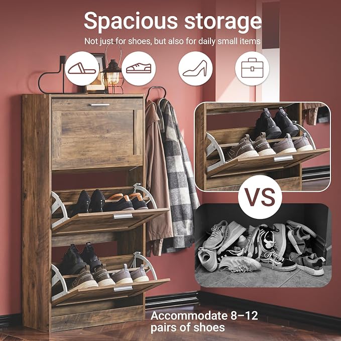Haotian Shoe Cabinet Storage for Entryway | Narrow Shoe Cabinet with Three Flip Drawers to Save Space, Shoe Rack Cabinet for Entrance Hallway (Natural)