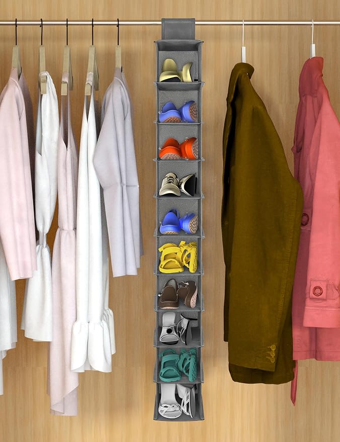 Libeder 10-Shelf Hanging Closet Shoe Organizers and Storage, Grey | Hanging Closet Organizer for Wardrode,Dorm, Folding Shoe Racks Hanger, Space Saving Hanging Shelves