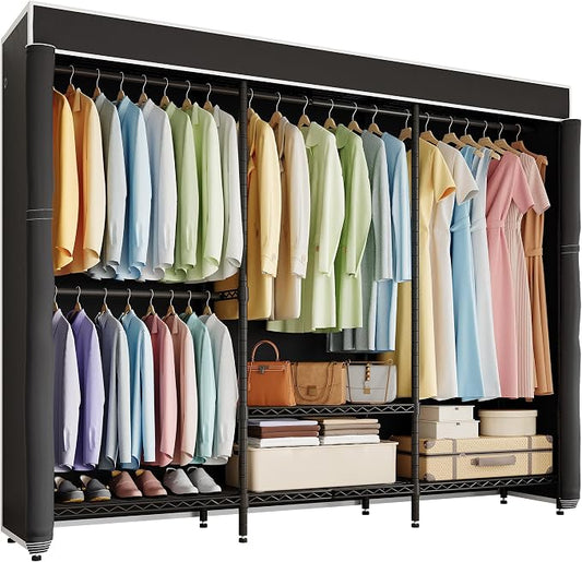 Higeego H8 Heavy Duty Clothes Rack with Cover, Black Portable Closet | Garment Rack with Cover, Clothing Rack for Hanging Clothes, Black Closet Rack with Oxford Dustproof Cover, Closet Organizer