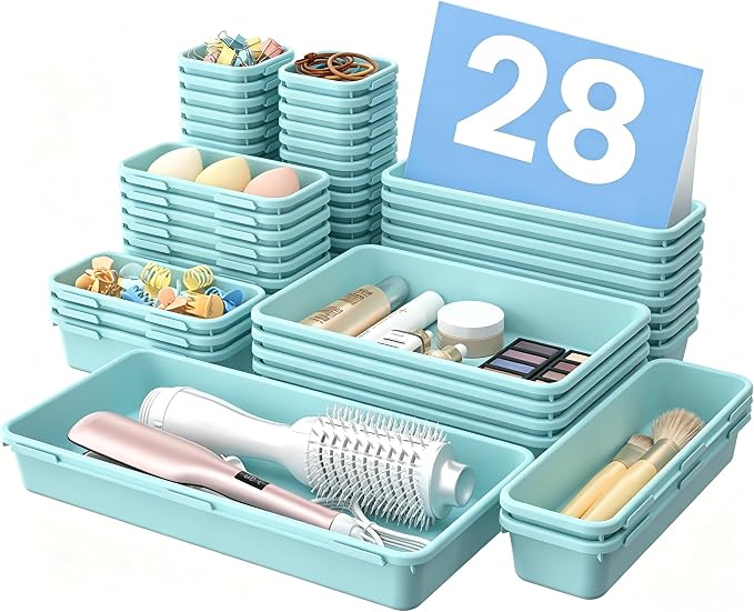【Military Grade】A-LuGei Drawer Organizer,【𝟱𝗦𝗶𝘇𝗲】Makeup organizer,【Holds 177 Items】Bathroom Organizers and Storage,Organization and Storage,Desk Drawer Organizer for Vanity【Blue】