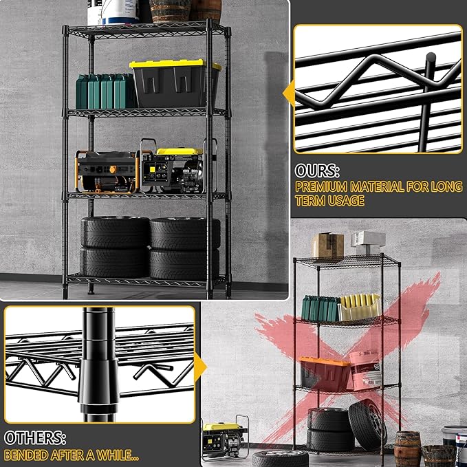 M MZG 1000 lbs 4 Tier Shelf Metal Storage Shelves Shelving Wire Rack Heavy Duty Closet Organizers for Garage Kitchen Bathroom Laundry Black 13.8" D x 35.4" W x 59.5" H