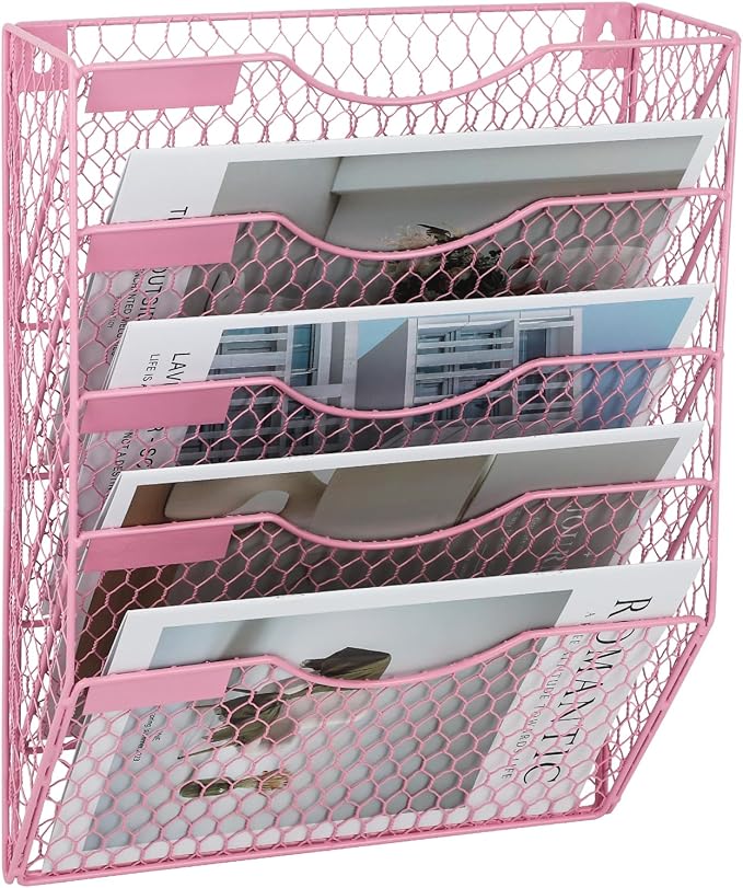 EASEPRES Mail Organizer Wall Mount Hanging File Holder Storage, Metal Chicken Wire Magazine Rack 5 Tier, Pink