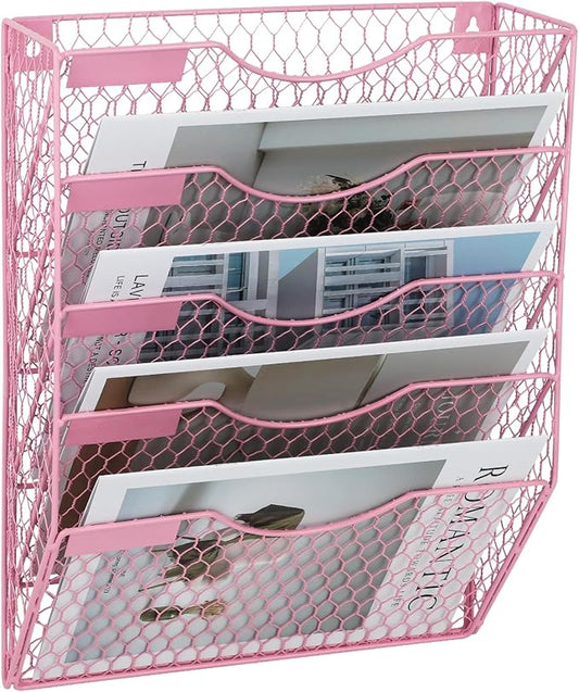 EASEPRES Mail Organizer Wall Mount Hanging File Holder Storage, Metal Chicken Wire Magazine Rack 5 Tier, Pink