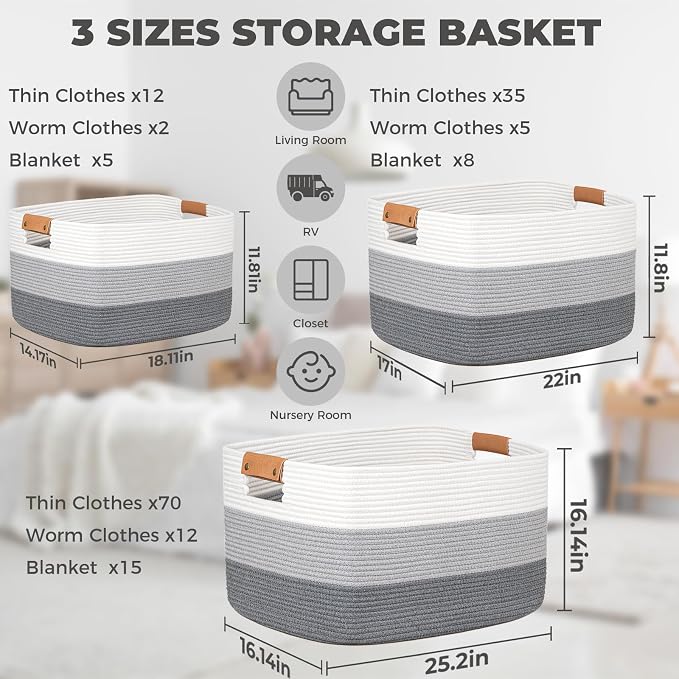 danpinera Large Woven Basket 25’’*16’’*16’’ 108L Woven Baskets for storage Baby Laundry Hamper, Cotton Rope Boho Decorative Storage Bin for Living Room, Nursery, Clothes, Pillows Gradient Grey