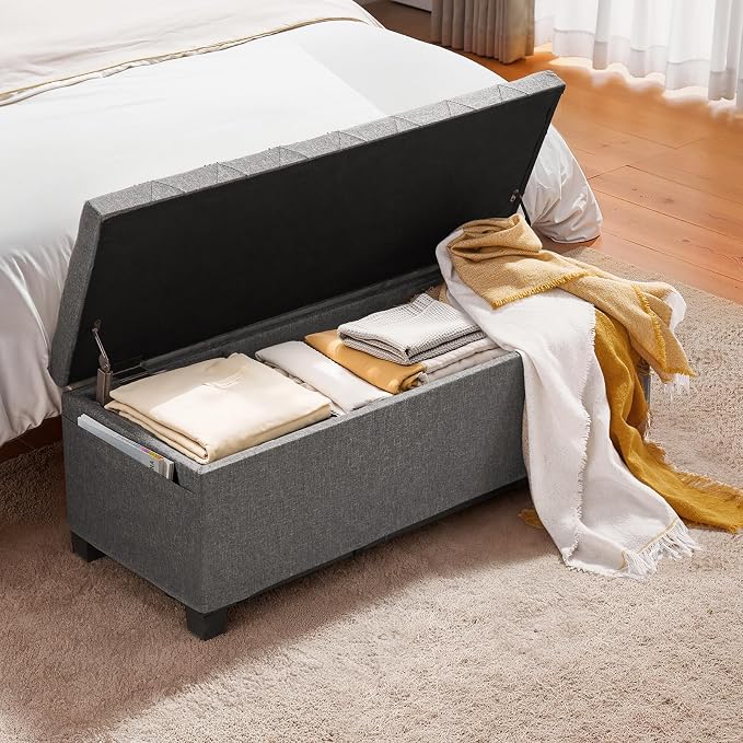 VEVOR Storage Ottoman Bench, End of Bed Bench with 2 Side Bags, Fabric Upholstered with Metal Frame, Toy Box Storage, Bed Benches for Foot of Bed, Bench for Entryway, Living Room, Playroom, Gray