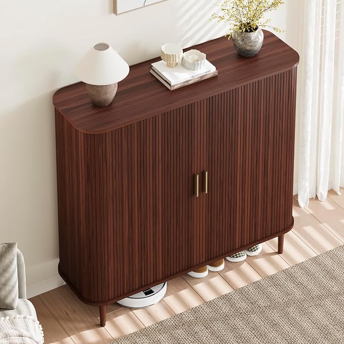 DHH Shoe Storage Cabinet with Sliding Door, 6-Tier Shoe Cabinet with Adjustable Shelves, Modern Freestanding Shoe Storage Organizer for Entryway, Hallway, Living Room (Walnut, 47 ")