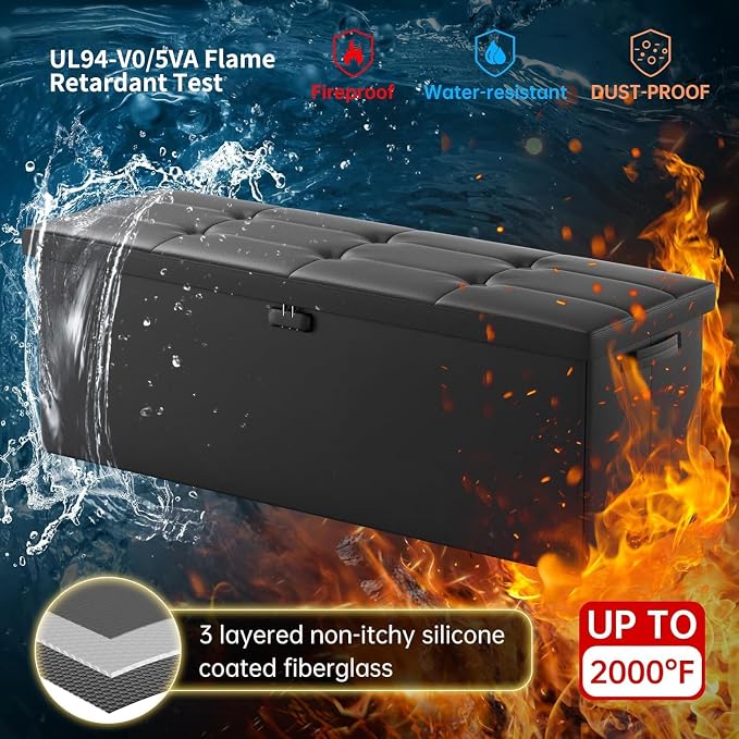 ENGPOW Storage Ottoman, Fireproof Folding Bench with Lock(15”x 43”x15”), Water-Resistant ＆ Heat Insulation Large Storage Chest with Handles＆2 Extra Boxes Safe for Living Room, Bedroom, Home, Black