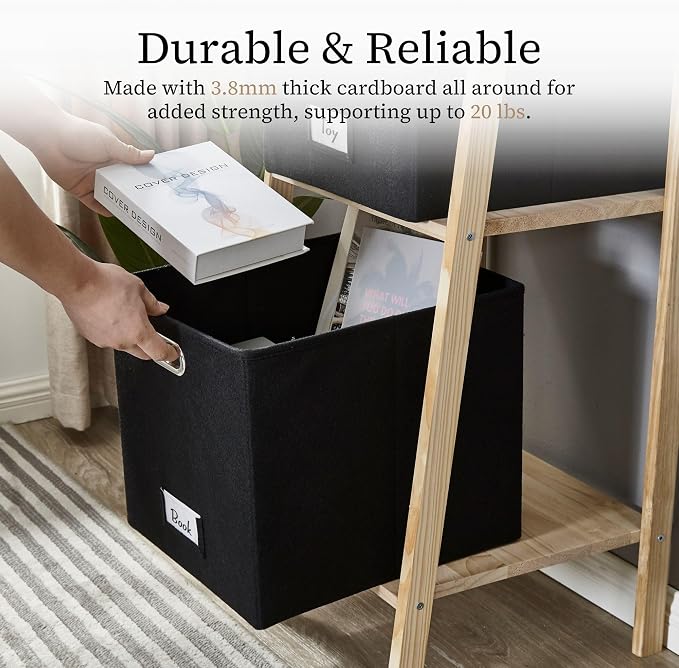 DECOMOMO Felt Storage Bins, 13 inch Cube Storage Bin with Labels | 4 Pack Storage Baskets for Shelves, Kallax (Black)