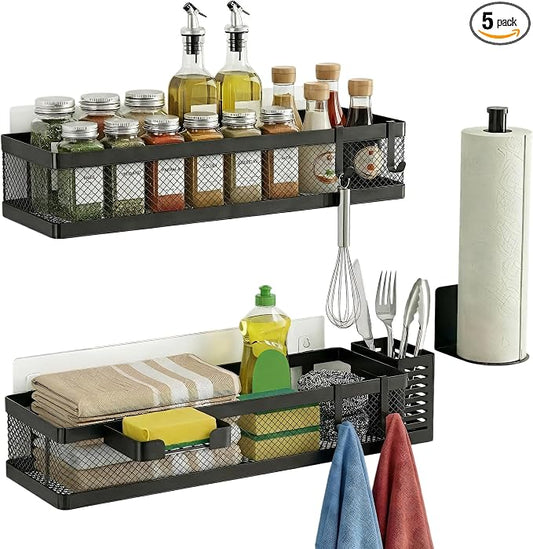 PUSDON 5-in-1 16.5" Extra Long Slim Wall Mount Wrapped Mesh Kitchen Organizer & Shower Caddy Kit, with Paper Towel Holder, Utensil Holder, Soap Dish, Holds 50LBS - Matte Black, Netting