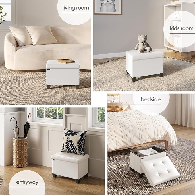 Storage Ottoman Cube with Small Bin, 16-in Square Ottoman with Storage for Living Room and Bedroom, Small Ottomans Foot Rest, Leather Foot Stools Ottomans Max 330lbs, Cream