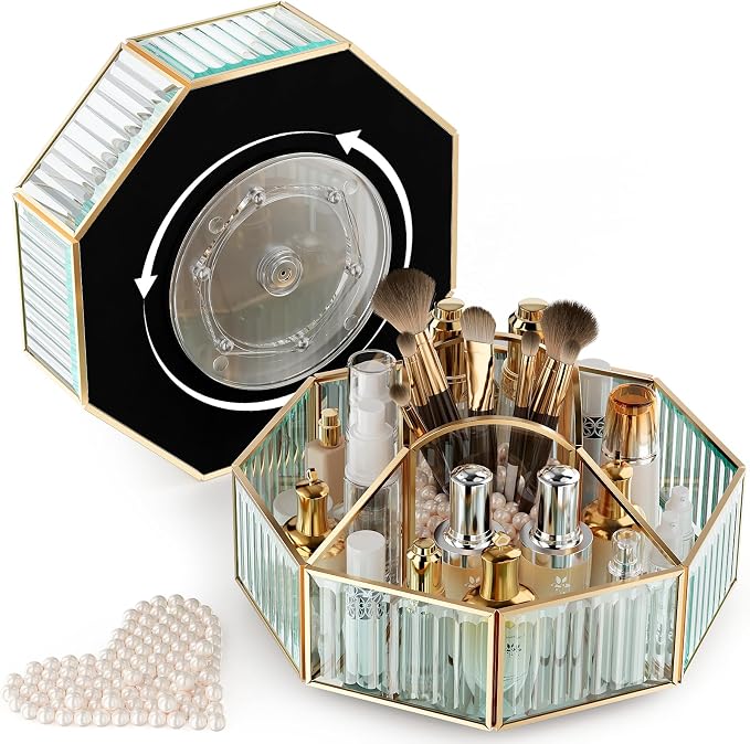 CoralHouse Rotating Glass Makeup Organizer for Vanity with Brush Holder | 5 clear compartments organize lipstick, perfume, palettes and skincare on a vanity, bathroom countertop or beauty station