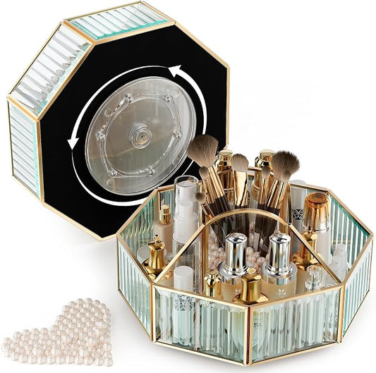 CoralHouse Rotating Glass Makeup Organizer for Vanity with Brush Holder | 5 clear compartments organize lipstick, perfume, palettes and skincare on a vanity, bathroom countertop or beauty station