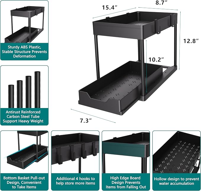 MEAFBIRD 2 Pack Under Sink Organizer, 2 Tier Bathroom Cabinet Organizer with Sliding Basket, Multi-Purpose Under Sink Organizers and Storage for Bathroom Kitchen (Black 2 Pack)